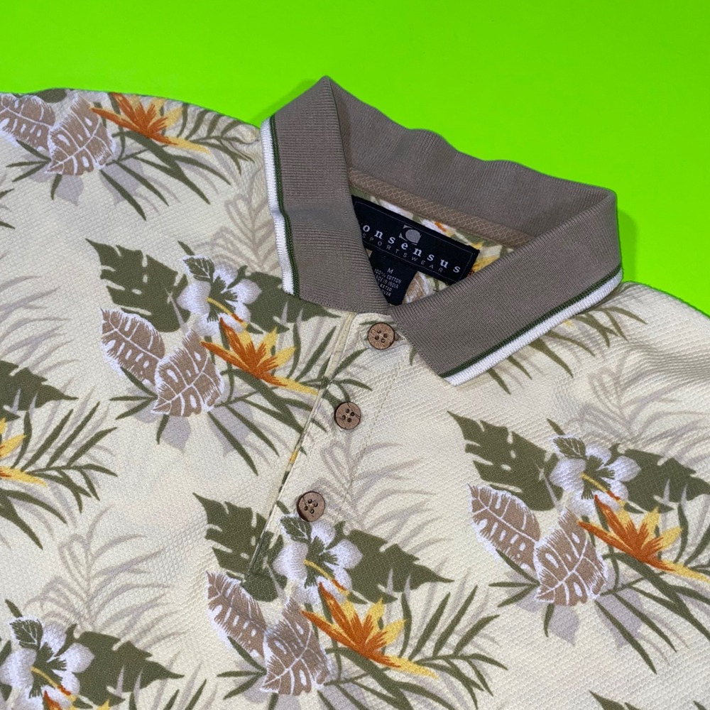 Consensus Sportswear Mens Tropical Floral Polo Shirt Tan Cotton Pique Medium